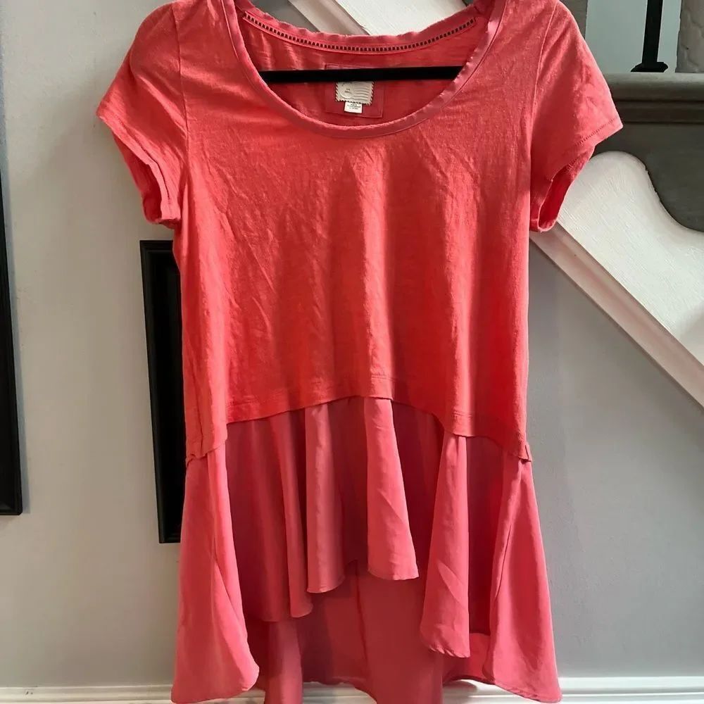 9-H15 STCL Anthropologie Salmon Mixed Media Peplum Top sz S EUC